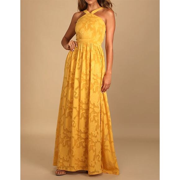 Lulus Sz S Love and Beyond Marigold Burnout Floral Maxi Dress Fairy HoCo Sheer - Picture 1 of 7